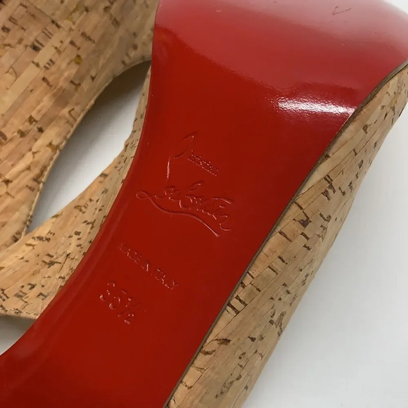 Christian Louboutin Peep Toe Sling Back Light Brown Cork Heels Size 35.5 | 5.5 - Picture 11 of 14